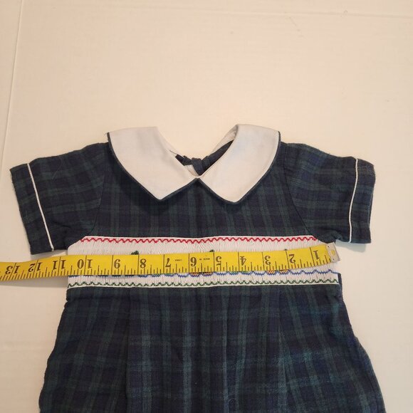 Anavini Boys 24 m Green Navy Plaid Smocked Romper White Peter Pan Collar Duck - Picture 11 of 13